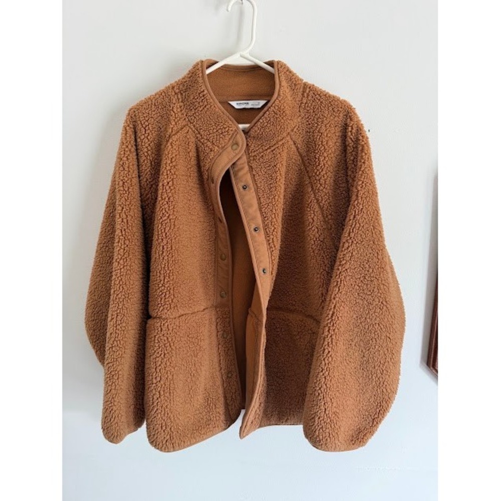 Cozy Sonoma Sherpa Fleece Jacket Womens 1X Brown Teddy Snap Front Mock Neck Soft - Picture 9 of 9